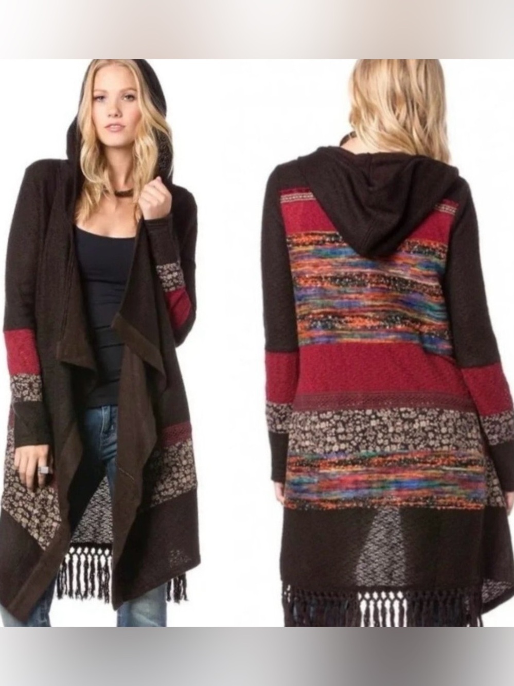 Miss Me Patchwork Hooded Fringe Longline Cardigan Duster Size Medium